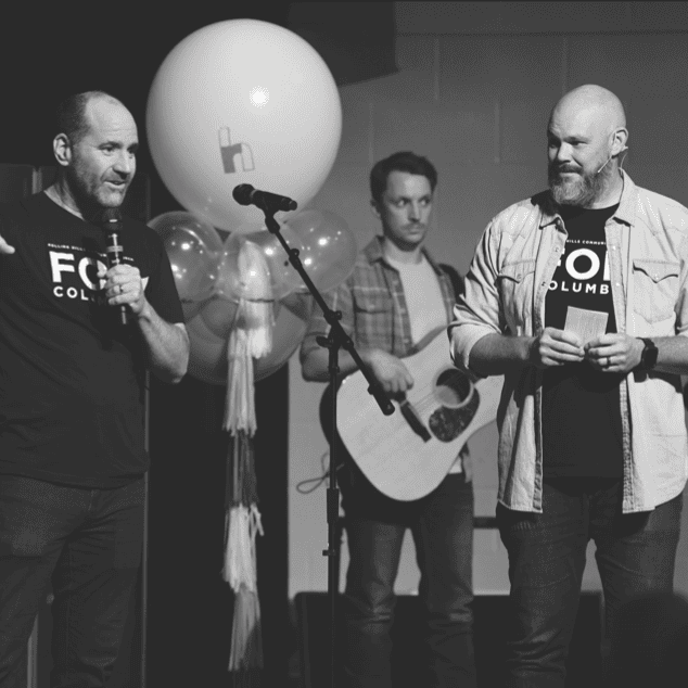 Church community worship event with musicians and speaker at Rolling Hills Community Church.